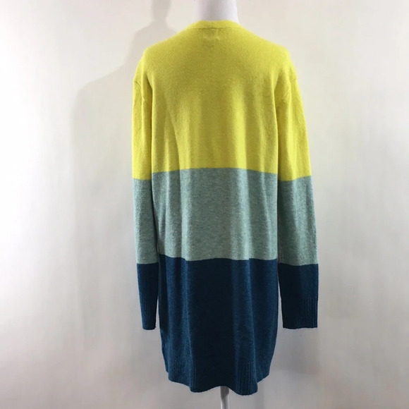 A New Day Blue Yellow Stripe Knit Tunic Cardigan Sweater Womens Small Open Front - Picture 3 of 10